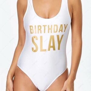 Birthday Slay Red One-Piece Swimsuit with Gold Print